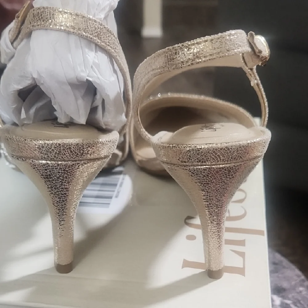 Life Stride Women's Metallic Gold Pointed Toe Flats with Rhinestone Strap